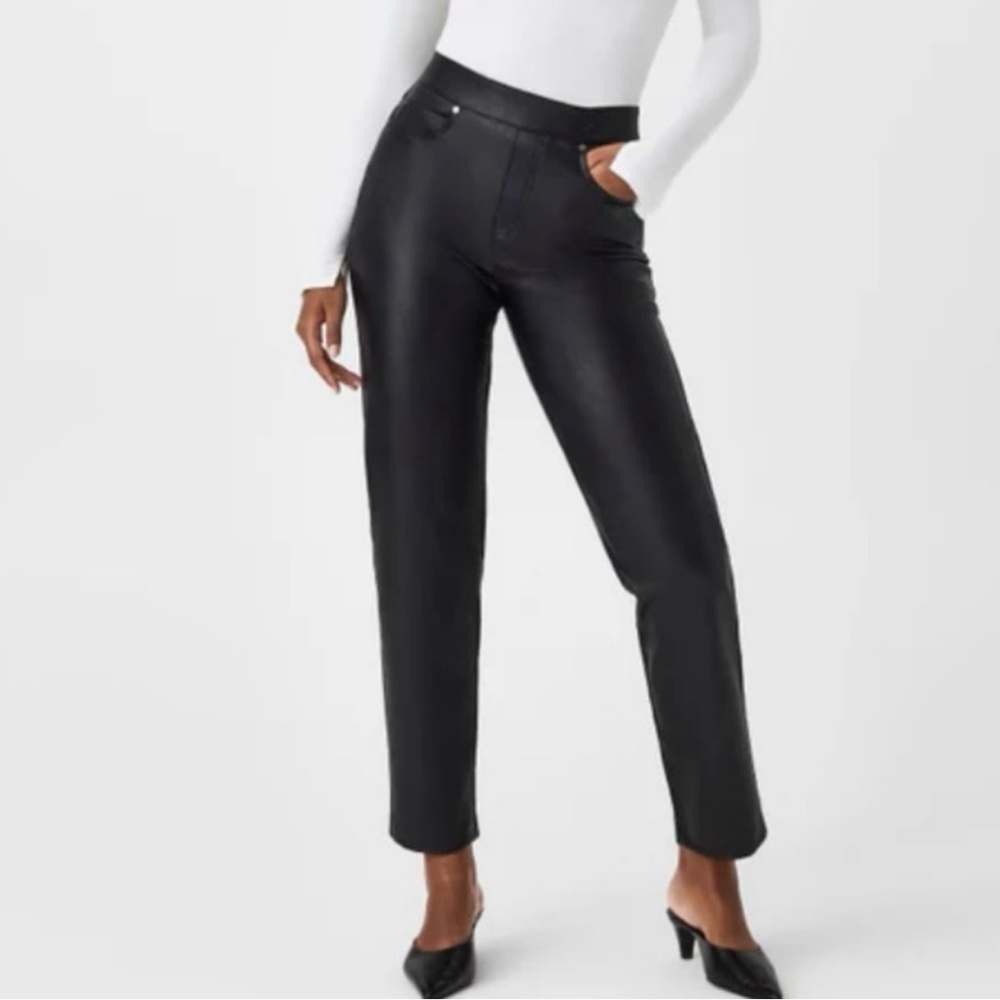 NWT Spanx Leather-Like Slim‎ Straight Pants Luxe Black Size S Petite